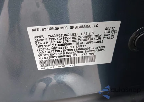 2017 Honda Pilot Elite z USA, uszkodzony, nr VIN 5FNYF6H01HB061427